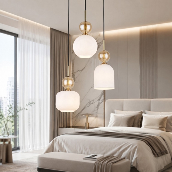 lampadario per camera da letto stile contemporaneo 3 vetri pendenti bianco ambra